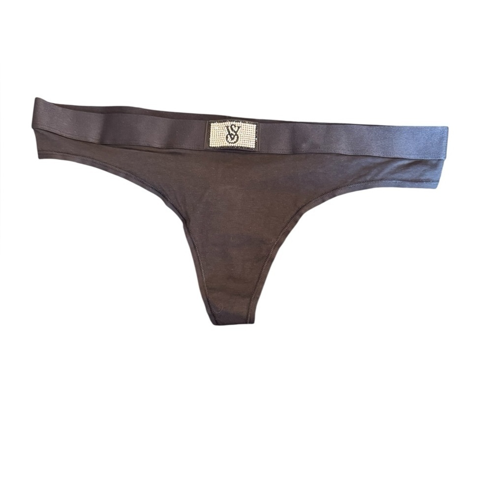 Victoria's Secret Black Logo Embellished Thong Women's Size Medium NWT